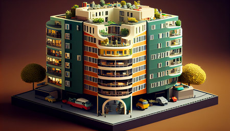A low-poly apartment building with a distinctive design. The building has multiple floors with balconies, gardens, and a garage. The scene is set in a city environment.の写真素材