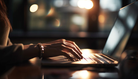 A woman is typing on a laptop in a cafe, her hands are visible on the keyboard, the laptop is in focus, the background is blurry and warm lit.の写真素材