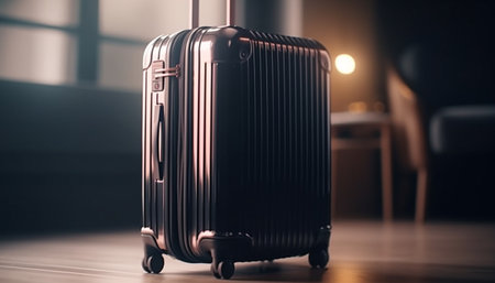 A close-up shot of a black suitcase standing in a hotel room, ready for travel.の写真素材
