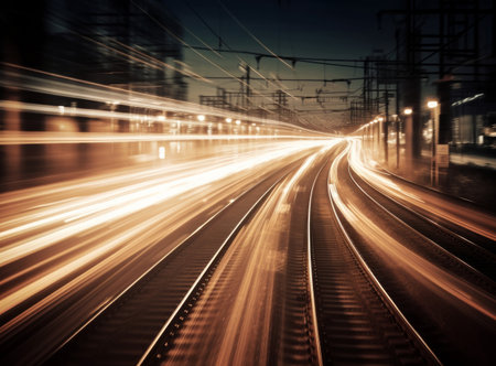A long exposure photograph of a train track at night with light trails from passing trains, creating a sense of movement and speed.の写真素材