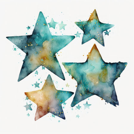 Four watercolor stars in shades of blue, teal, gold, and purple on a white background.の写真素材