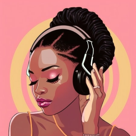 A beautiful woman with braids is listening to music with headphones on, she is smiling and looking calm and relaxed. This illustration shows a woman enjoying her favorite song.の写真素材