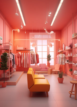 A clean and bright pink minimalist interior design with a boutique vibe, featuring comfortable...