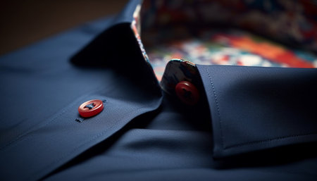 Close-up image of a blue shirt with red button. The collar is turned up, revealing a colorful floral...