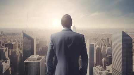 A businessman stands with his back to the camera, looking out over a city skyline, suggesting ambition and a successful future.の写真素材