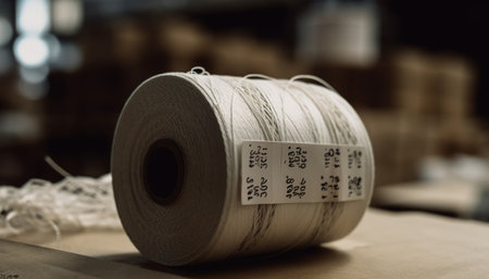 A close-up of a white thread spool on a wooden table in a workshop setting. The thread is wound tightly on the spool, with a blur background. The thread is ready to be used for sewing or other crafting purposes. The spool has small labels with numbers printed on it, showing manufacturing details.の写真素材