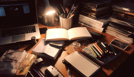 A well-lit desk with a laptop, notebooks, and pencils, suggesting a creative space for work and...