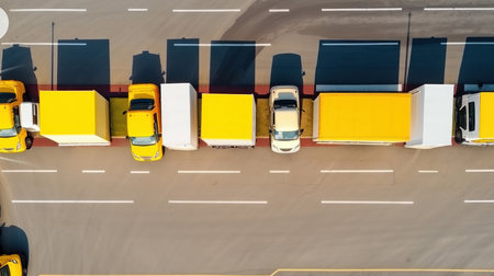 An aerial view of trucks parked in a row on a paved surface. The vehicles are arranged in a straight line, with their white and yellow colors standing out against the gray asphalt.の写真素材