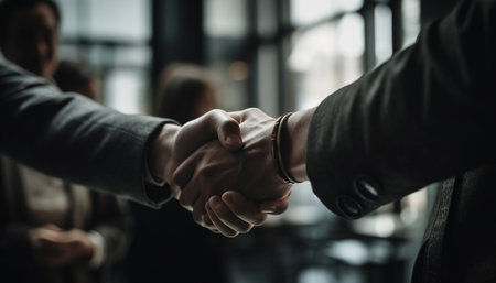 Two businessmen shaking hands in a professional setting, symbolizing a successful agreement and a...