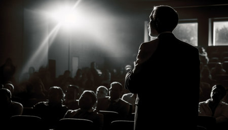A speaker addresses a large audience in a conference hall, bathed in the spotlight. The silhouette...