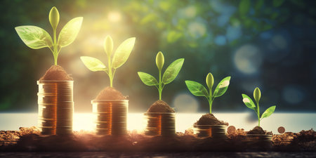 A row of plants growing from a stack of coins, symbolizing the concept of growth and investment.