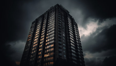 A tall skyscraper with lit windows against a dark, cloudy sky, creating a sense of mystery and urban...