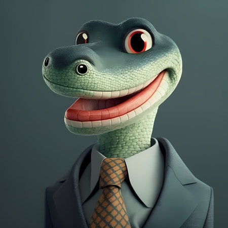 A smiling cartoon lizard wearing a blue suit and a tie.の写真素材