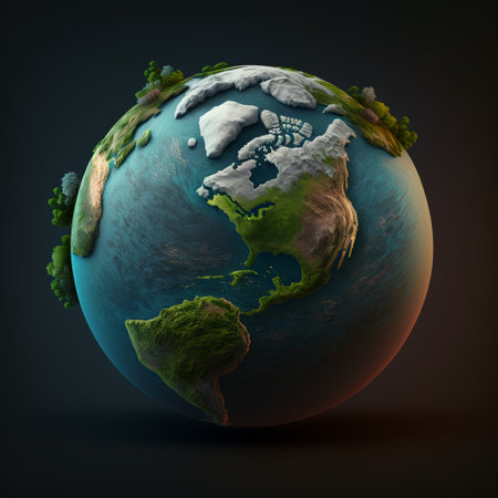 A 3D rendering of Earth with a focus on North America. The image showcases the planet's blue oceans, green continents, and white snow caps. The rendering creates a realistic and detailed representation of the Earth.の写真素材