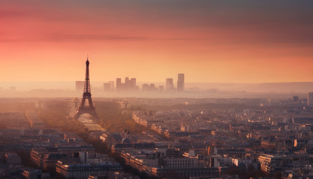 A beautiful view of the Eiffel Tower at sunset in Paris, France. The cityscape of Paris is illuminated by the golden hour light, creating a magical scene. The Eiffel Tower is a famous landmark and an iconic symbol of the city.の写真素材