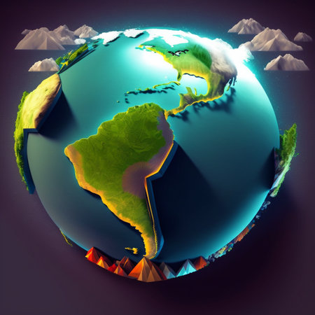 A low poly 3D illustration of the globe, with a focus on the Americas and a vibrant color palette.の写真素材