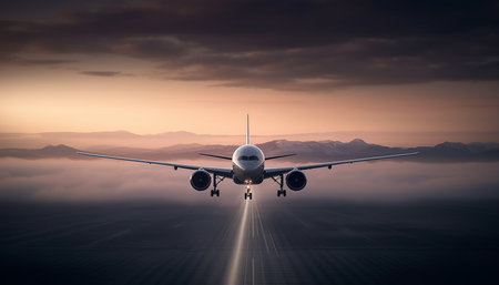 A large airplane is seen taking off from the runway in the early evening, with the sun setting...