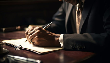 A man wearing a suit sits at a desk writing in a notebook with a pen.の写真素材