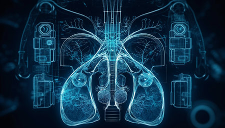 A digital scan of the human body, showing the intricate details of the lungs and heart.の写真素材