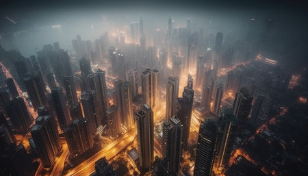 An aerial view of a city with many skyscrapers and fog. The cityscape is illuminated by street lights and the sky is dark.の写真素材