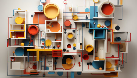 A 3D abstract design featuring a colorful and intricate composition of geometric shapes and lines against a white backgroundの写真素材
