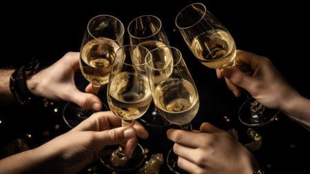A close-up shot of hands holding champagne glasses in a toast. The glasses are filled with sparkling wine, and the background is blurred.の写真素材