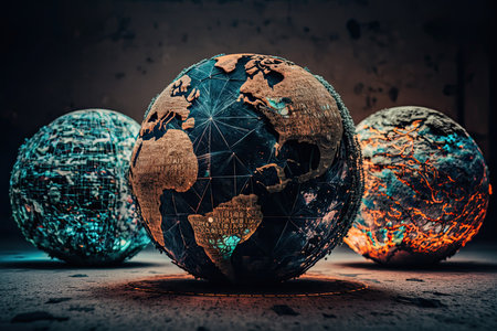 A digital illustration of three globes, representing the interconnectedness of our world.の写真素材