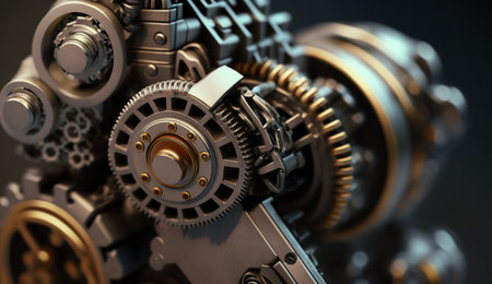 A close-up shot of a shiny engine, showing the intricate detail of its gears and mechanisms.