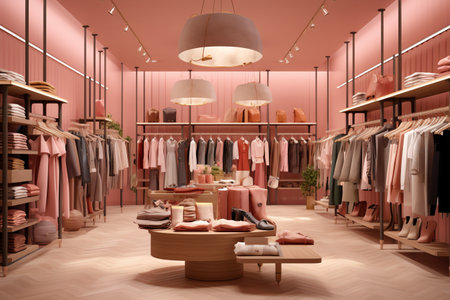 A modern and stylish boutique interior with clothes displayed on racks, shelves, and mannequins.の写真素材