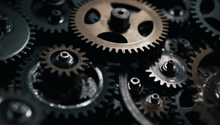 A close-up photograph showcasing intricately interlocking gears. The photograph captures the detail and precision of mechanical engineering and represents the synergy of a complex system.の写真素材