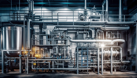 A close-up view of an industrial machinery and piping system, showing a network of steel pipes, valves, and equipment in a factory setting.の写真素材