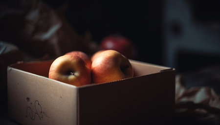 Close-up of red apples in a cardboard box, with a focus on the texture and form of the fruit. The lighting creates a warm and inviting atmosphere.の写真素材