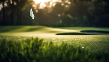 A scenic golf course green with a flag and a golf ballの写真素材