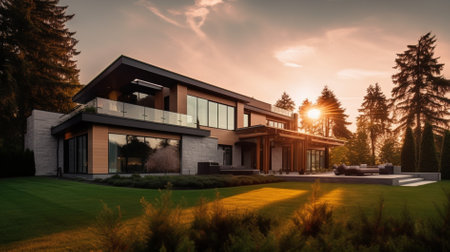 A modern house with large windows and a balcony, surrounded by lush greenery and a beautiful sunset sky.の写真素材