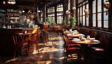 A sunlit interior of a vintage bar with wooden tables and chairs, sunlight streaming through the windows creating a warm and cozy atmosphere.の写真素材