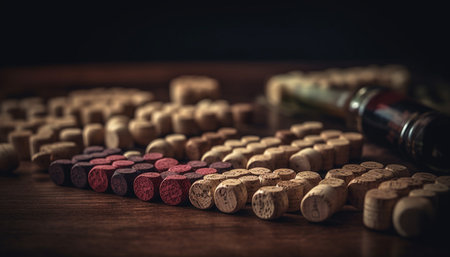 A close-up of wine corks on a wooden table, showing the intricate details and natural beauty of the winemaking process.の写真素材