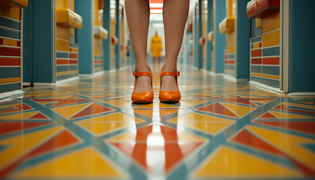 A pair of orange shoes on a colorful tiled floor in a hallway.の写真素材