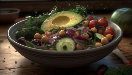 A close-up of a fresh salad with avocado, tomatoes, chickpeas, cucumbers, broccoli, and red onion in a bowl. The salad is drizzled with olive oil dressing, and water droplets are splashing on the sides, creating a refreshing and appetizing scene.の写真素材