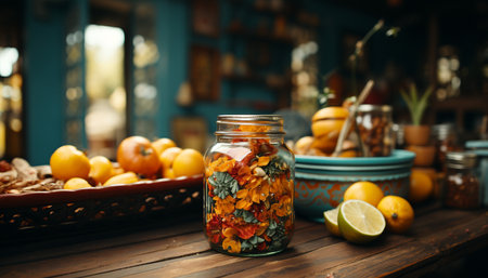 A glass jar filled with colorful dried flowers sits on a wooden table surrounded by lemons, limes, and other rustic decor.の写真素材