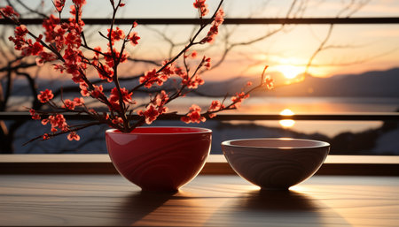 A close up of a cherry blossom branch in a red bowl sitting on a wooden table with a view of a lake and sunsetの写真素材