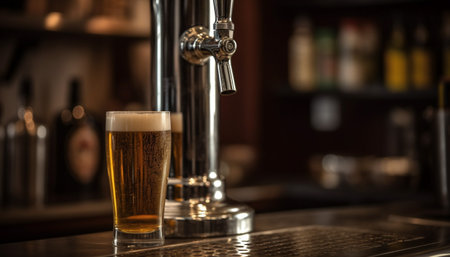 A close-up view of a beer tap with a glass of beer in the foreground. The bar is behind, out of focus.の写真素材
