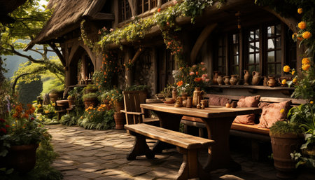 A picturesque cottage with a charming patio adorned with flowers and plants. The wooden table and benches invite you to relax and enjoy the serene surroundings.の写真素材
