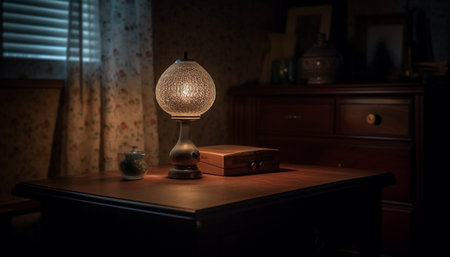 A vintage lamp illuminates a wooden table in a dimly lit room.