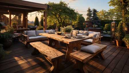A rustic outdoor patio setting with a wooden table and benches, surrounded by lush greenery and a...