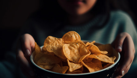 Close-up of a bowl of nachos held by a person, the chips are golden brown and crispy, and the image...