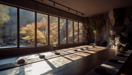 A peaceful yoga studio with a mountain view. The room features large windows that let in natural light, and the wooden floor and stone wall give the space a natural and serene feel.の写真素材