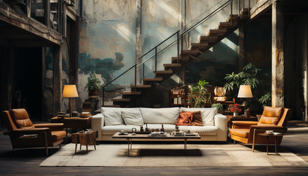 A stylish living room interior with a contemporary sofa, armchairs, and a coffee table in a loft...