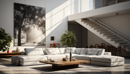 A modern living room featuring a white sectional sofa and a large black and white artwork depicting...