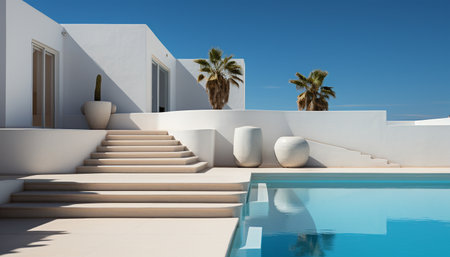 A white modern villa with a swimming pool and palm trees. The villa is located in a tropical...