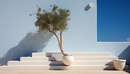 A minimalist scene featuring an olive tree in a pot, set against a white wall and steps. The blue sky and shadow create a peaceful and serene atmosphere.の写真素材